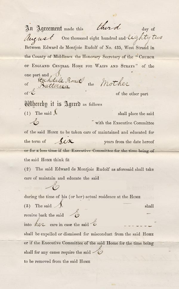 Large size image of Case 67 2. Agreement for E. go into the care of the Society 3 August 1882
 page 1