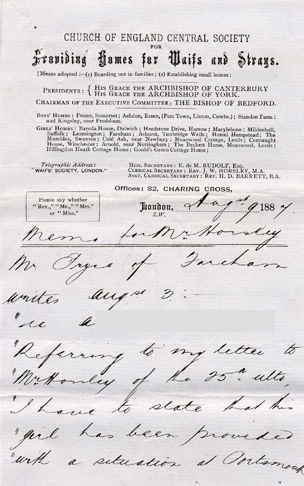 Large size image of Case 175 5. Memo from Revd Edward Rudolf to Fareham Home  9 August 1887
 page 1