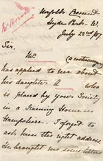 Image of Case 175 2. Letter from Miss H.  22 July 1887
 page 1