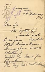 Image of Case 176 6. Letter from Denston College 7 February 1890
 page 1