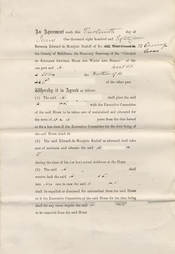Large size image of Case 186 3. Agreement for H. to be in the Society's care 13 June 1884
 page 1
