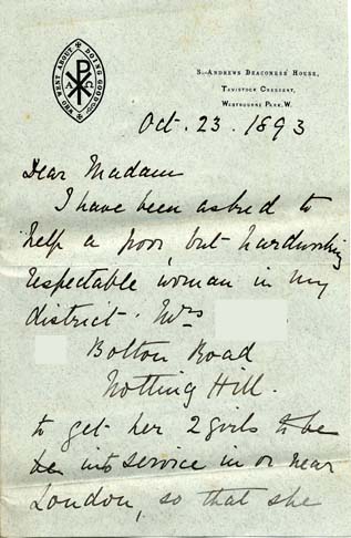 Large size image of Case 476 2. Letter from Sister Marian of St  Andrew's Deaconess' House, Westbourne Park concerning the girls' mother's wish to have her daughters returned to London  23 October 1893
 page 1