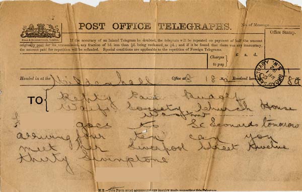 Large size image of Case 542 9. Telegram announcing that F. was to be travelling to St Leonard's on Sea  1 March 1892
 page 1