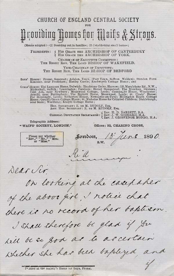 Large size image of Case 749 7. Letter from Revd Edward Rudolf concerning A's baptism  13 June 1890
 page 1