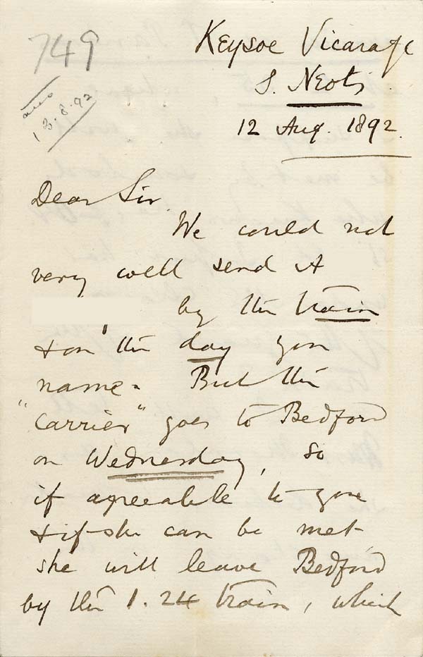 Large size image of Case 749 11. Letter from the Vicar of Keysoe concerning arrangements for A's journey to London and includes further discussion of the vegetarian diet provided by the foster mother  12 August 1892
 page 1