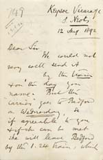 Image of Case 749 11. Letter from the Vicar of Keysoe concerning arrangements for A's journey to London and includes further discussion of the vegetarian diet provided by the foster mother  12 August 1892
 page 1