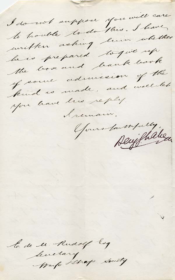Large size image of Case 941 20. Letter from the Waifs and Strays' Society Solicitor [?] at Lincoln's Inn concerning M's alleged theft from her employers in Harrow  28 August 1895
 page 2