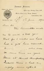 Image of Case 941 13. Letter from the Female Mission, Greenwich giving details of A's plight  8 June 1894
 page 1