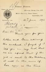 Image of Case 941 14. Letter from the Female Mission requesting help for A.  16 June 1894
 page 1