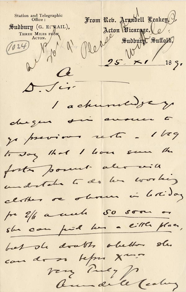 Large size image of Case 1024 16. Letter from Revd Leakey  25 November 1891
 page 1