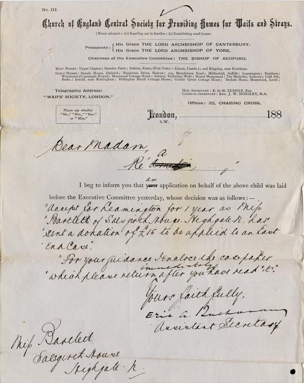 Large size image of Case 1214 3. Letter to Miss Bartlett concerning Application to Waifs and Strays' Society c. 12 September 1887
 page 1