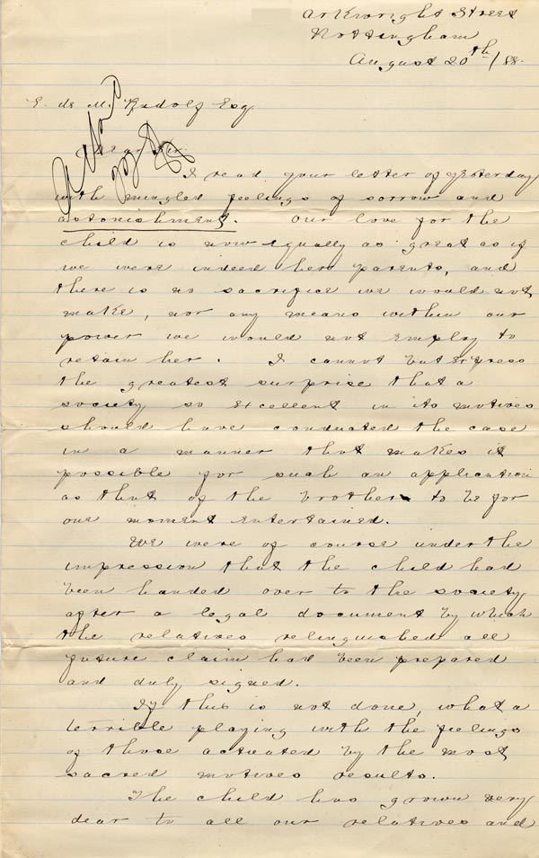 Large size image of Case 1214 15. Letter from adoptive father 20 August 1888
 page 1