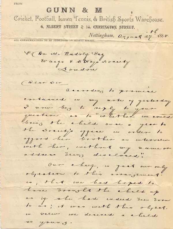 Large size image of Case 1214 19. Letter from adoptive father 27 August 1888
 page 1