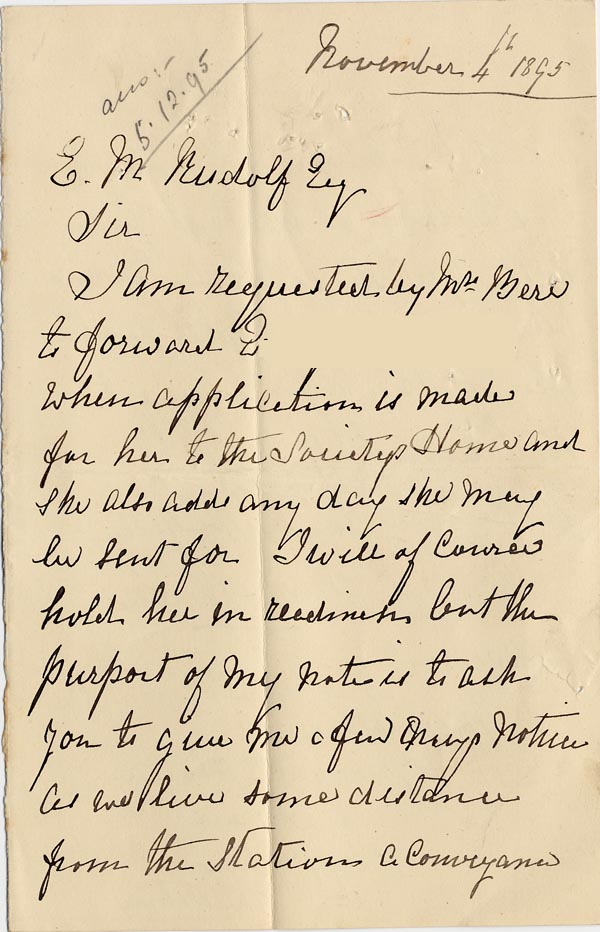 Large size image of Case 1294 5. Letter from Miss Wheeler to Revd Edward Rudolf  4 November 1895 
 page 1
