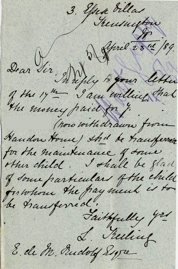 Large size image of Case 1399 6. Letter to Revd Edward Rudolf from L. Freiling 23 April 1889
 page 1