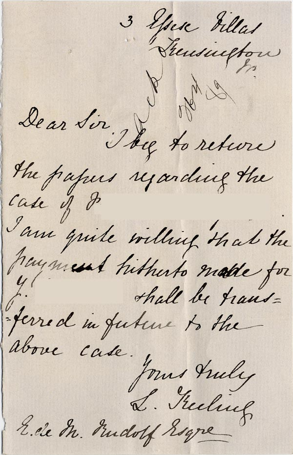 Large size image of Case 1399 7. Letter to Revd Edward Rudolf from L. Freiling c. 25 April 1889
 page 1