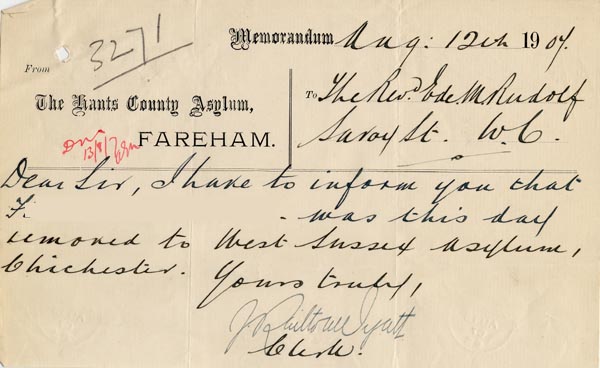 Large size image of Case 3271 24. Memorandum from Hants County Asylum to Edward Rudolf  12 August 1907
 page 1