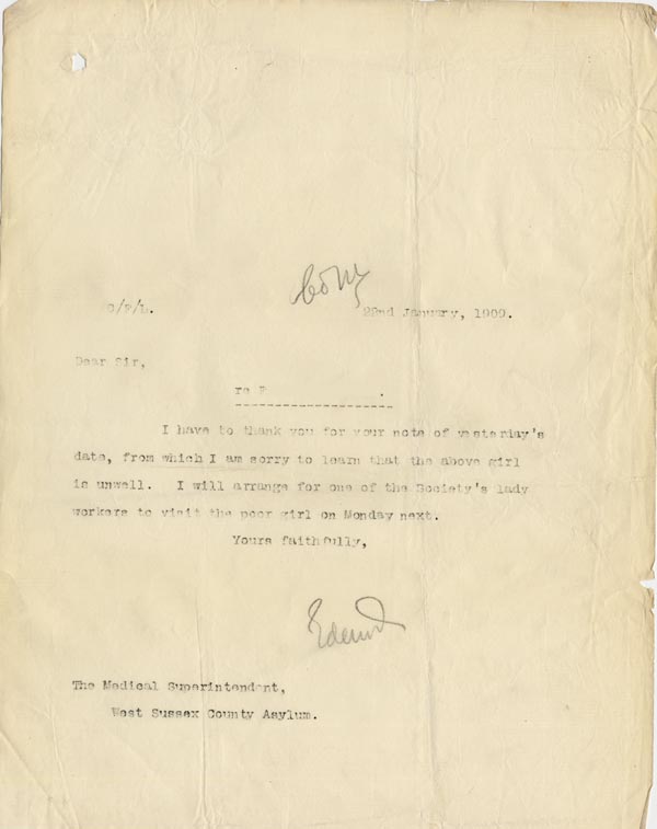 Large size image of Case 3271 31. Copy of letter from Edward Rudolf to West Sussex County Asylum  22 January 1909
 page 1