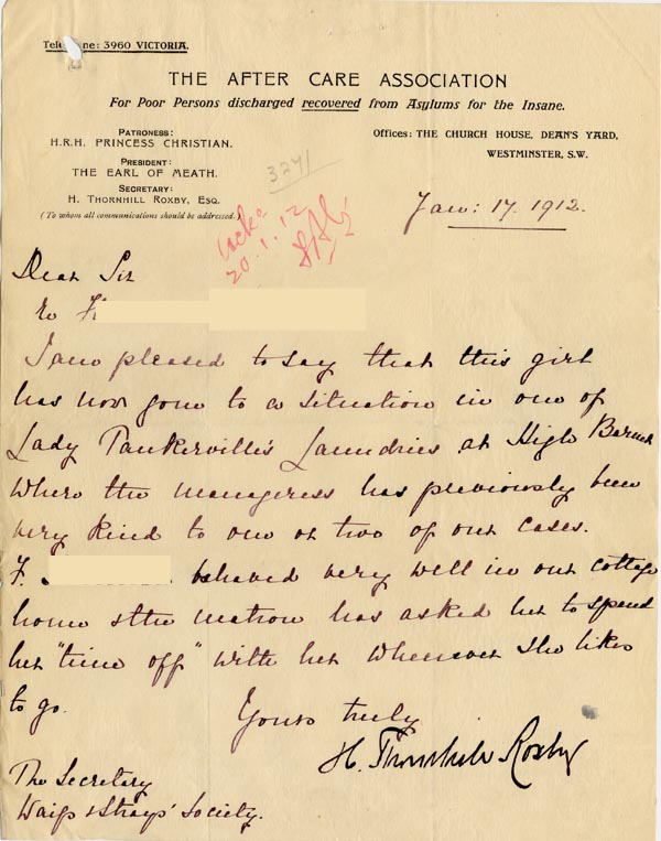 Large size image of Case 3271 48. Letter from Mr Roxby, The After Care Association to Edward Rudolf  17 January 1912
 page 1