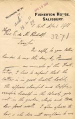 Image of Case 3271 40. Letter from Fisherton House Asylum, Salisbury to Edward Rudolf  16 April 1911
 page 1