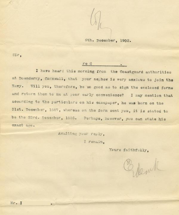Large size image of Case 3303 14. Letter from Revd Edward Rudolf to G's uncle 6 December 1902
 page 1