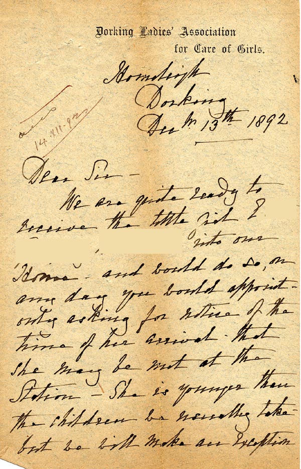 Large size image of Case 3392 5. Letter from the Dorking Ladies Association for the Care of Girls 13 December 1892
 page 1