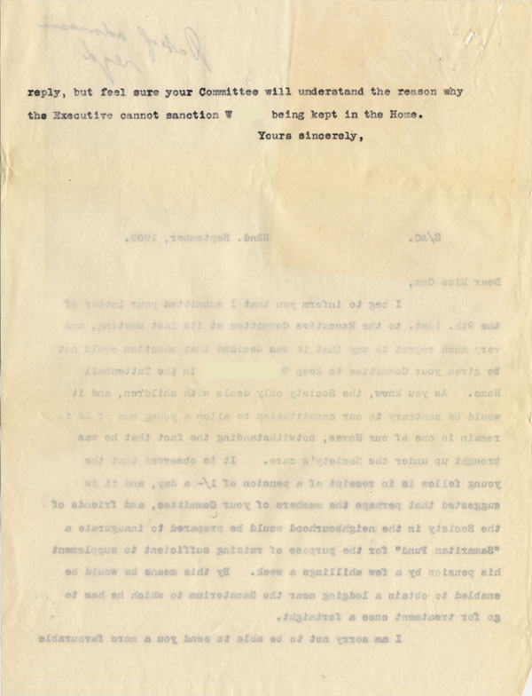 Large size image of Case 3622 7. Letter to Miss Cox 22 September 1909
 page 2