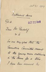 Image of Case 3623 13. Letter from Tattenhall Home 21 October 1909
 page 1
