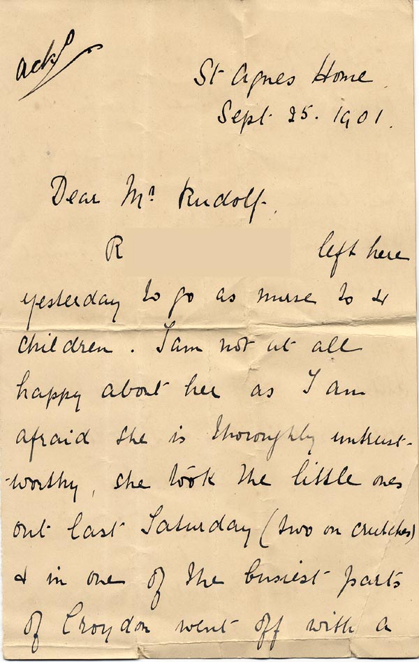 Large size image of Case 3821 18. Letter from the St Agnes Home 25 September 1901
 page 1