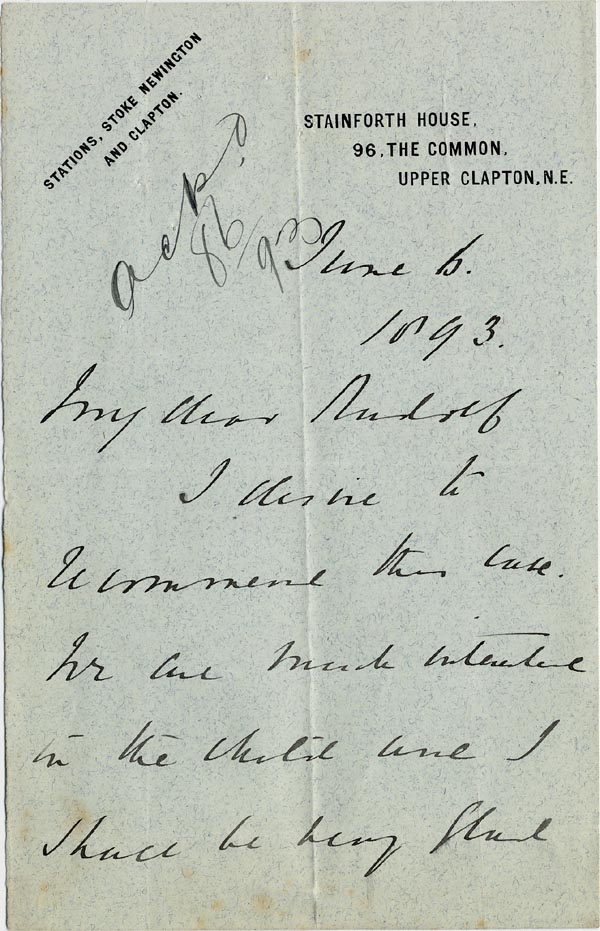 Image of Case 3821 3. Letter from Stainforth House 6 June 1893
 page 1