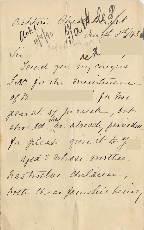 Image of Case 3821 4. Letter from Miss S. Freeby 8 August 1893
 page 1