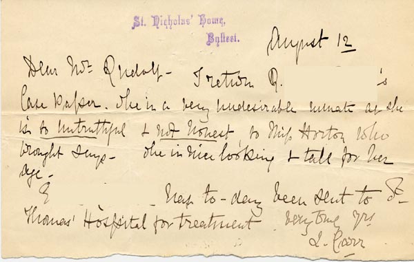 Image of Case 3821 5. Letter from Byfleet Home 12 August 1893
 page 1