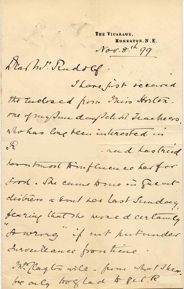 Image of Case 3821 9. Letter from Mrs Blatch  8 November 1899
 page 1