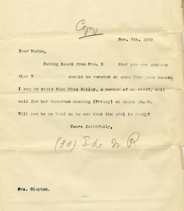 Image of Case 3821 10. Copy of letter to Mrs C. 9 November 1899
 page 1