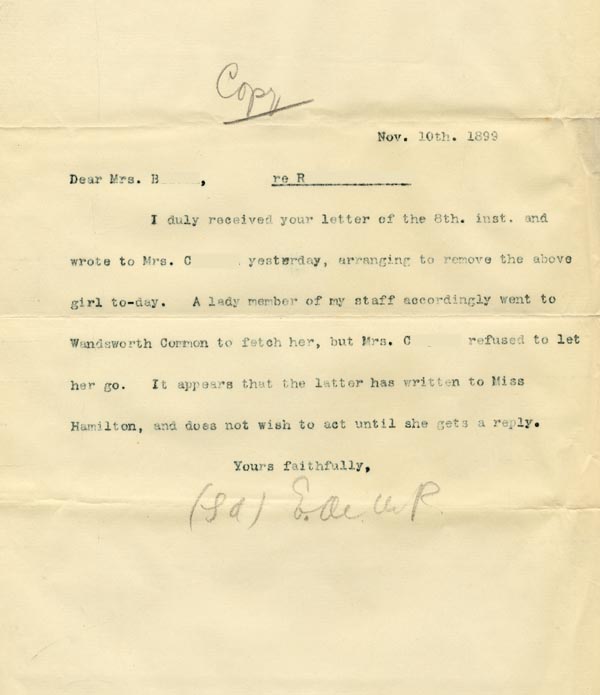 Image of Case 3821 12. Copy of letter to Mrs Blatch 10 November 1899
 page 1