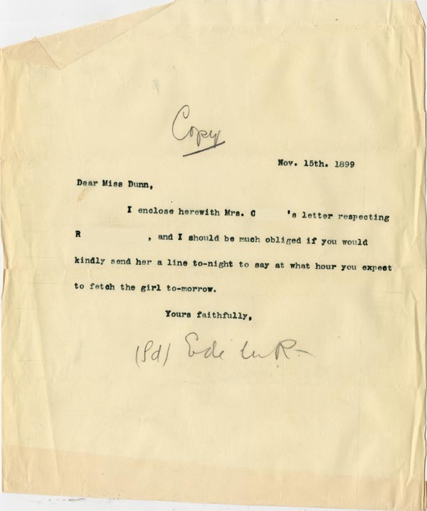 Image of Case 3821 14. Copy of letter to Miss Dunn from Edward Rudolf 15 November 1899
 page 1