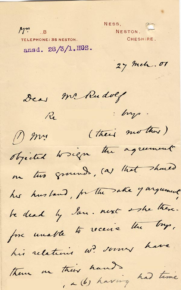 Large size image of Case 4171 26. Letter from Mrs B. saying that the family had decided to have the boys home immediately  27 March 1901
 page 1