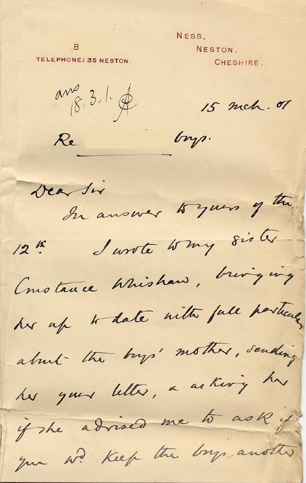 Large size image of Case 4172 24. Letter from Mrs B. asking if the boys could remain in the Home a little longer  15 March 1901
 page 1