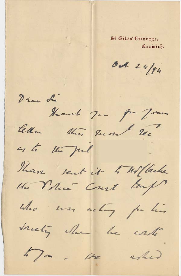 Image of Case 4488 4. Letter from St. Giles' Vicarage 24 October 1894
 page 1
