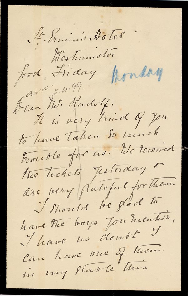Large size image of Case 4751 4. Letter from Mrs Stevenson to Edward Rudolf   c. 2 April 1899
 page 1