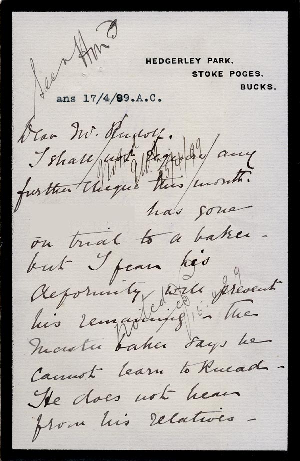 Large size image of Case 4751 8. Letter from Mrs Stevenson to Edward Rudolf  14 April 1899
 page 1