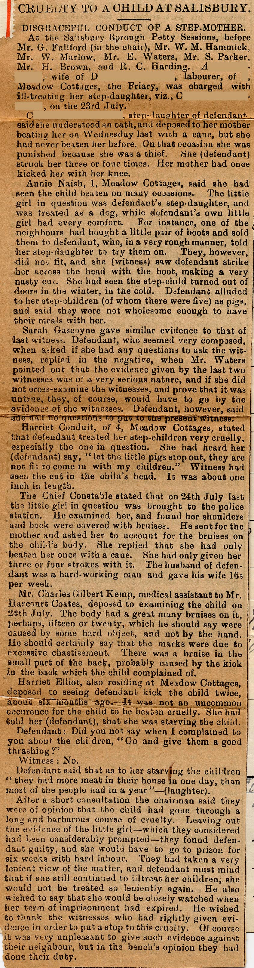 Large size image of Case 5505 2. 'Cruelty to a child at Salisbury', newspaper clipping, c. 30 July 1896
 page 1