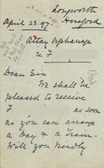 Image of Case 5959 7. Letter from the Atlay Orphanage agreeing to take F.  23 April 1897
 page 1