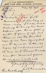 Image of Case 6001 49. Letter from the Standon Farm Home stating that J. (quote) is an imbecile (unquote)  29 May 1913
 page 1