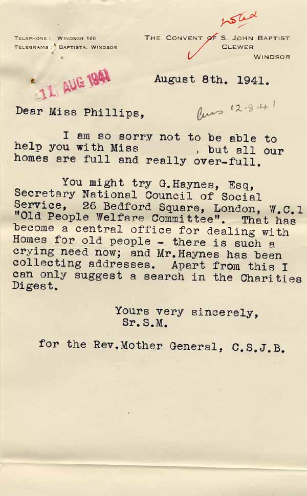 Large size image of Case 6024 12. Letter from the Clewer Sisters saying they have no vacancies  8 August 1941
 page 1