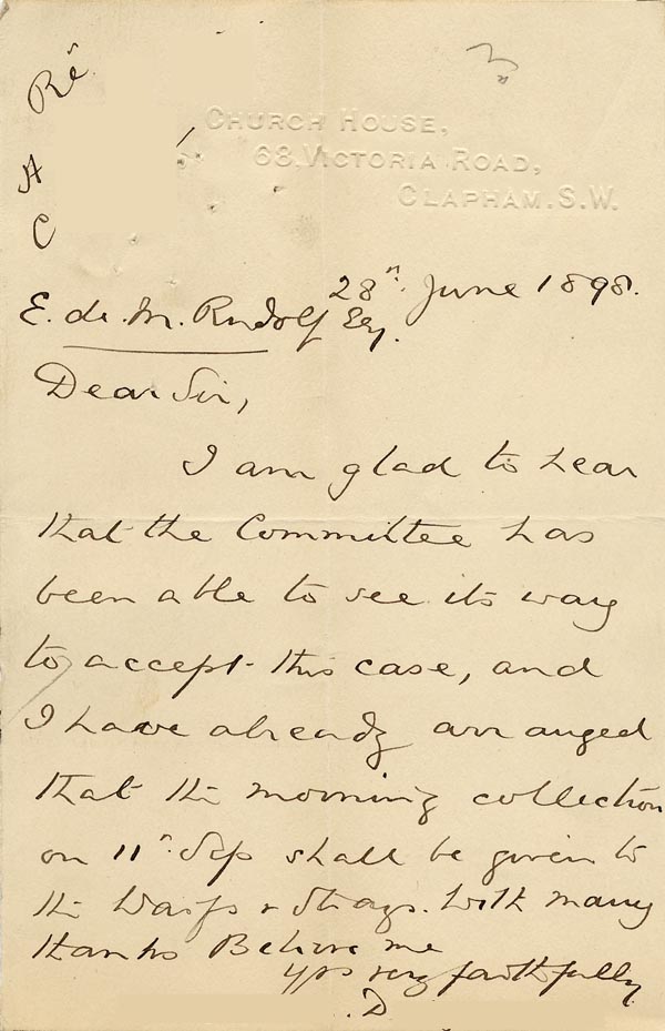 Large size image of Case 6537 3. Letter from Revd D. about H's acceptance by the Society  28 June 1898
 page 1