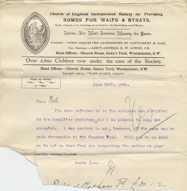 Large size image of Case 6537 4. Letter about the Clapham Fund  28 June 1898
 page 1