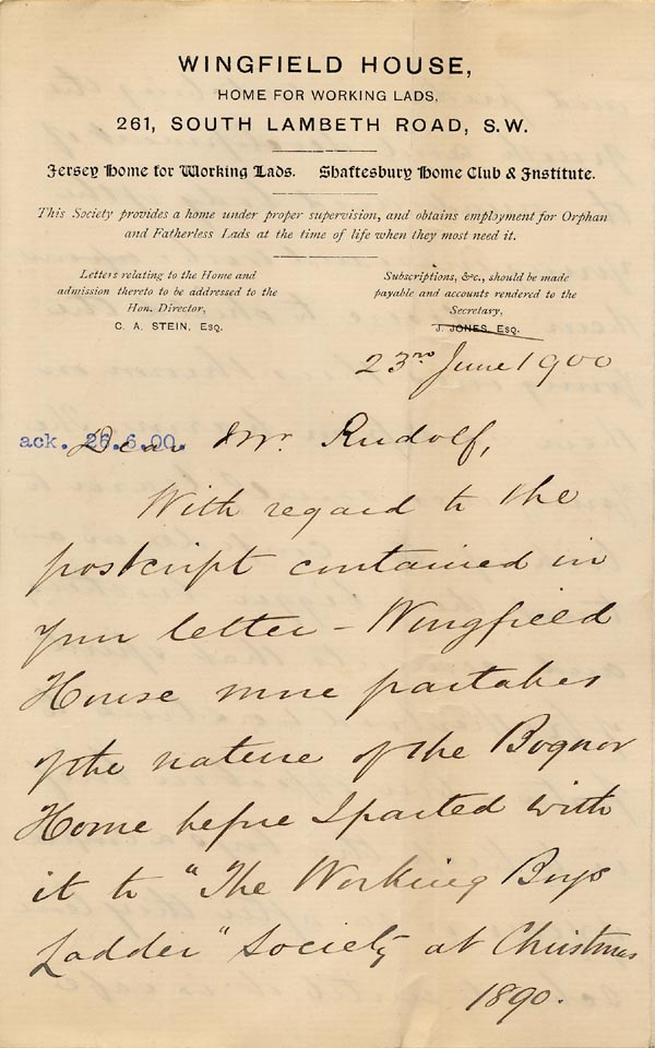 Large size image of Case 6537 7. Letter from Mr C.A. Stein setting out the Wingfield House authorities views on the running of the Home  23 June 1900
 page 1