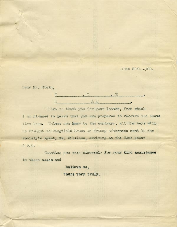 Large size image of Case 6537 8. Copy letter from Revd Edward Rudolf concerning arrangements for transferring five boys to Wingfield House  26 June 1900
 page 1