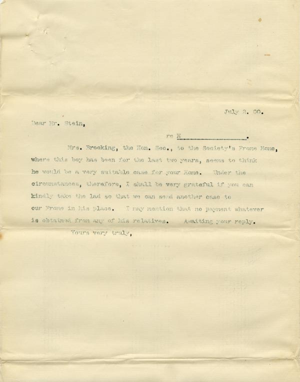 Large size image of Case 6537 11. Copy letter to Mr C.A. Stein suggesting H. for a place in Wingfield House  2 July 1900
 page 1